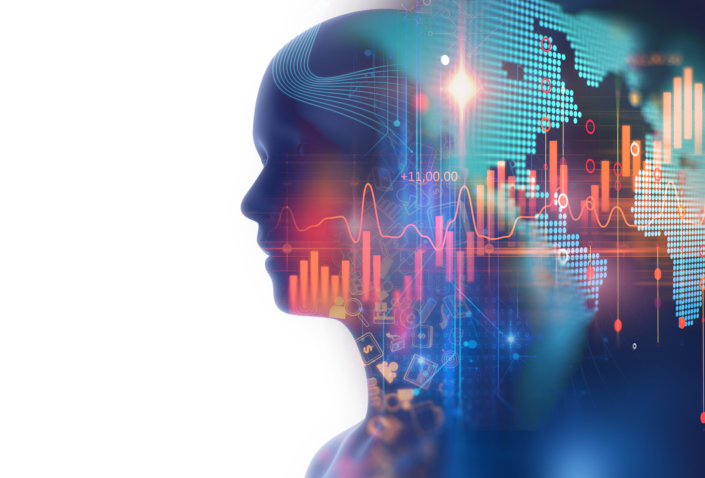 double exposure image of financial graph and virtual human 3dill
